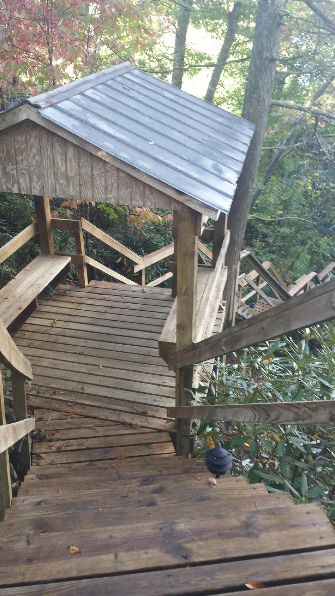 Metal roofed shelter over wooden steps on a wooded walkway — Skylight Repair & Installation work by our crew in Waddell